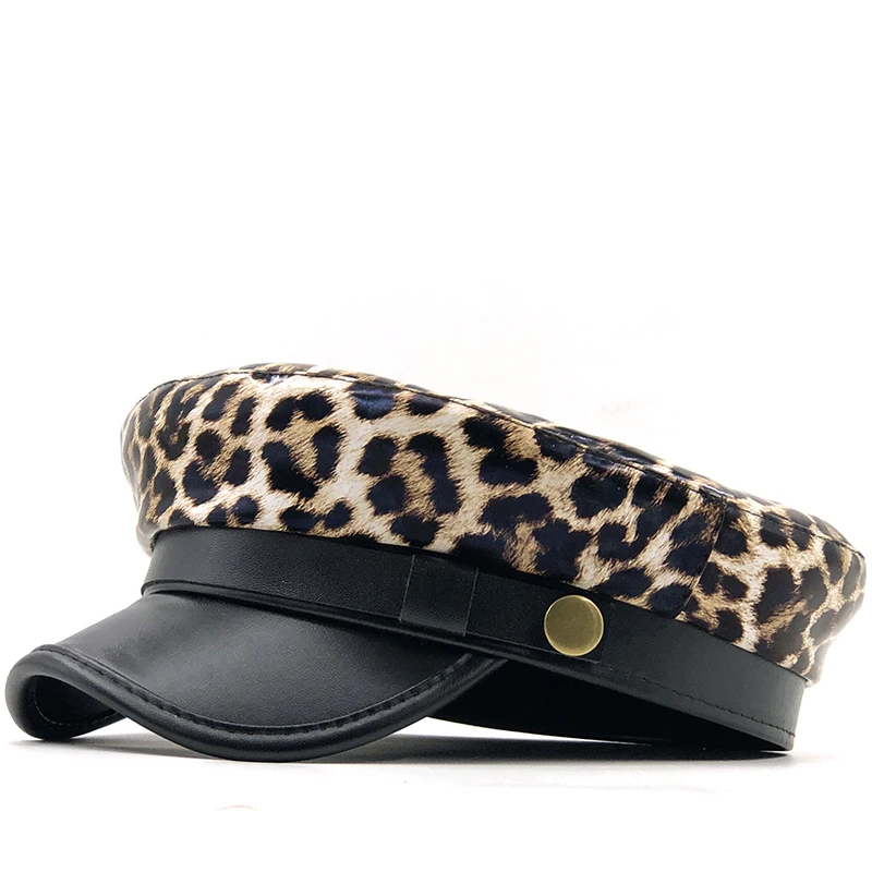 New autumn winter PU Beret Hats For Women French Berets Female Leopard print Berets Black Berets With Adjustable Rope