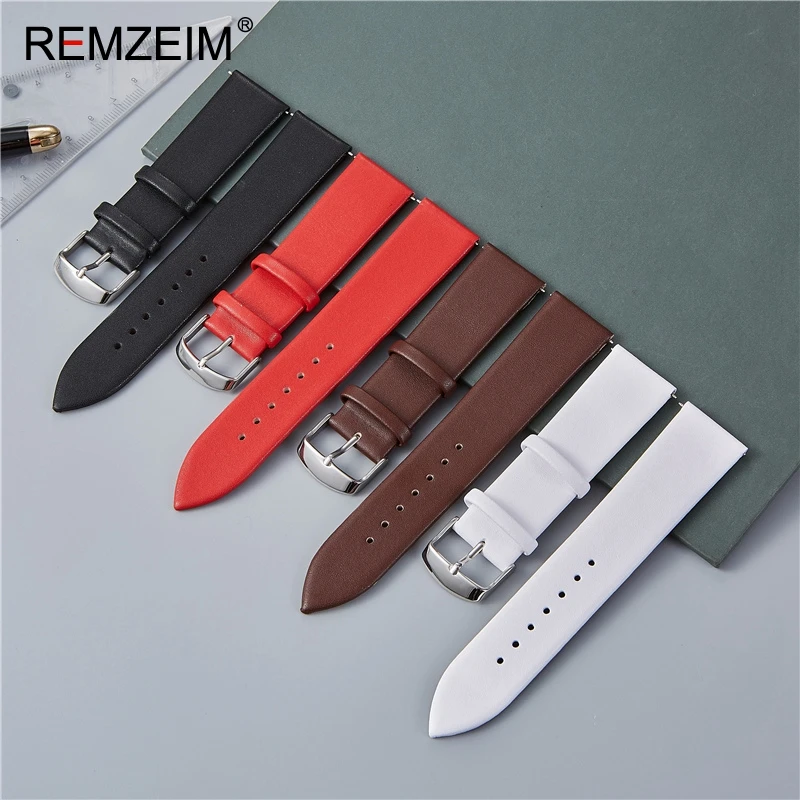 REMZEIM Genuine Leather Watch Strap 16 18 20 22mm Red White Brown Black Calfskin Leather Watchband Watch Accessories Wristband