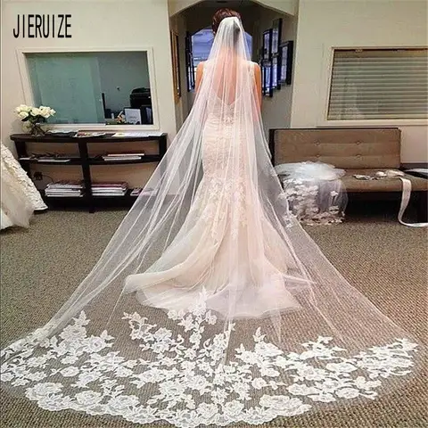 Long Lace Edge Wedding Veil 3M JIERUIZE