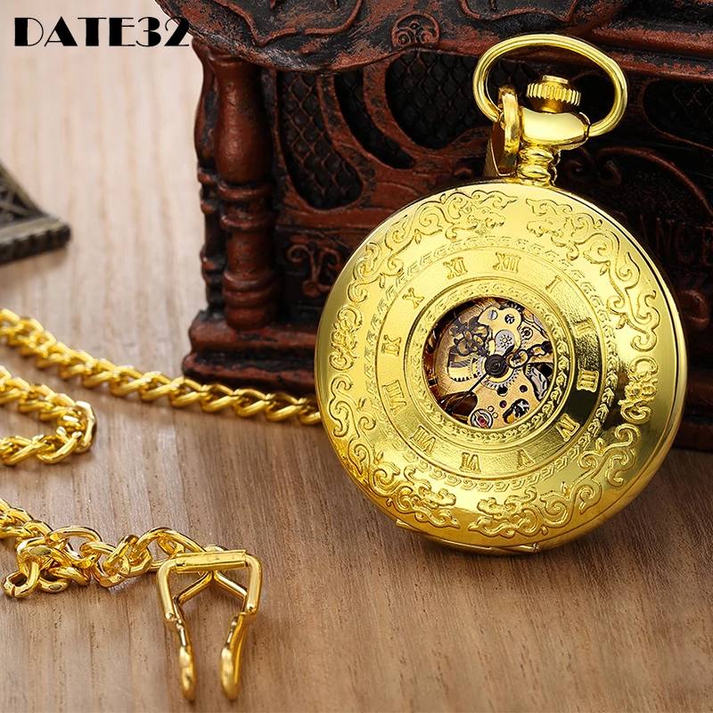 Roman Numeral Luxury Mechanical Pocket Watch Gold White Color Skeleton Case Dial Male Fob Chain Clock for Men Women Dropshipping