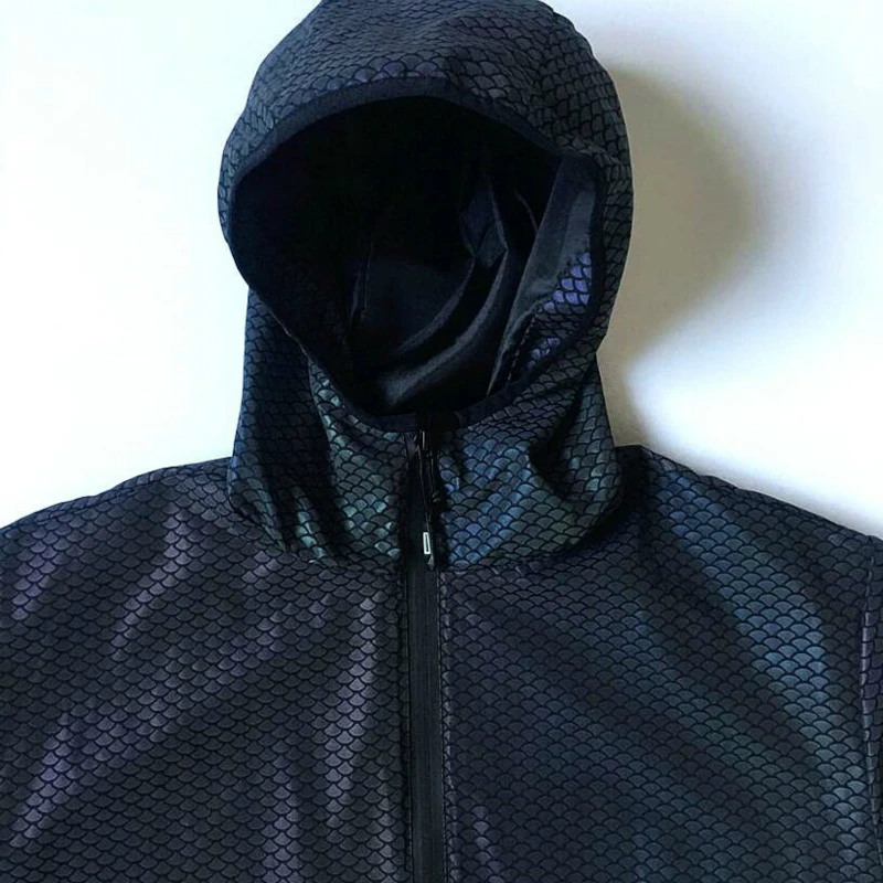 Chaqueta reflectante con capucha para hombre, abrigo de arcoíris impermeable con cremallera, estampado de perlaje, Hip Hop, ropa de noche suelta de