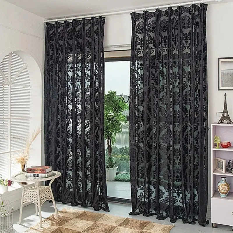 

Black Velvet Semi-blackout Curtains for Living Room, Soft Flocked Fabric Sheer Gauze, European Floral Fluffy Window Drapes