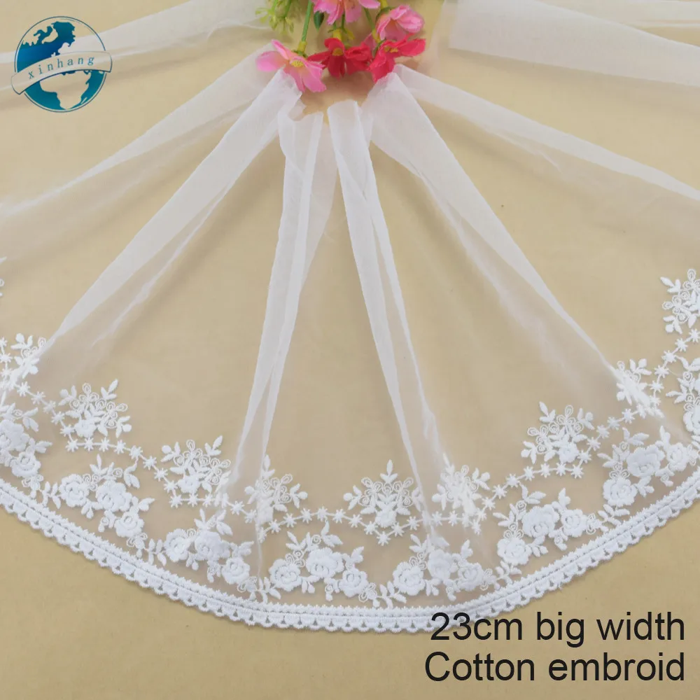 23cm Width White Cotton Embroidery French Lace Ribbon Fabric Guipure Diy Trims Warp Knitting Sewing Garment Accessories#4099