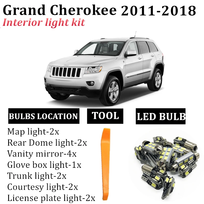 

15x Canbus LED Interior Light Kit for 2011 2012 2013 Jeep Grand Cherokee WK2 2014-2018 accessories Map Dome Trunk License Light