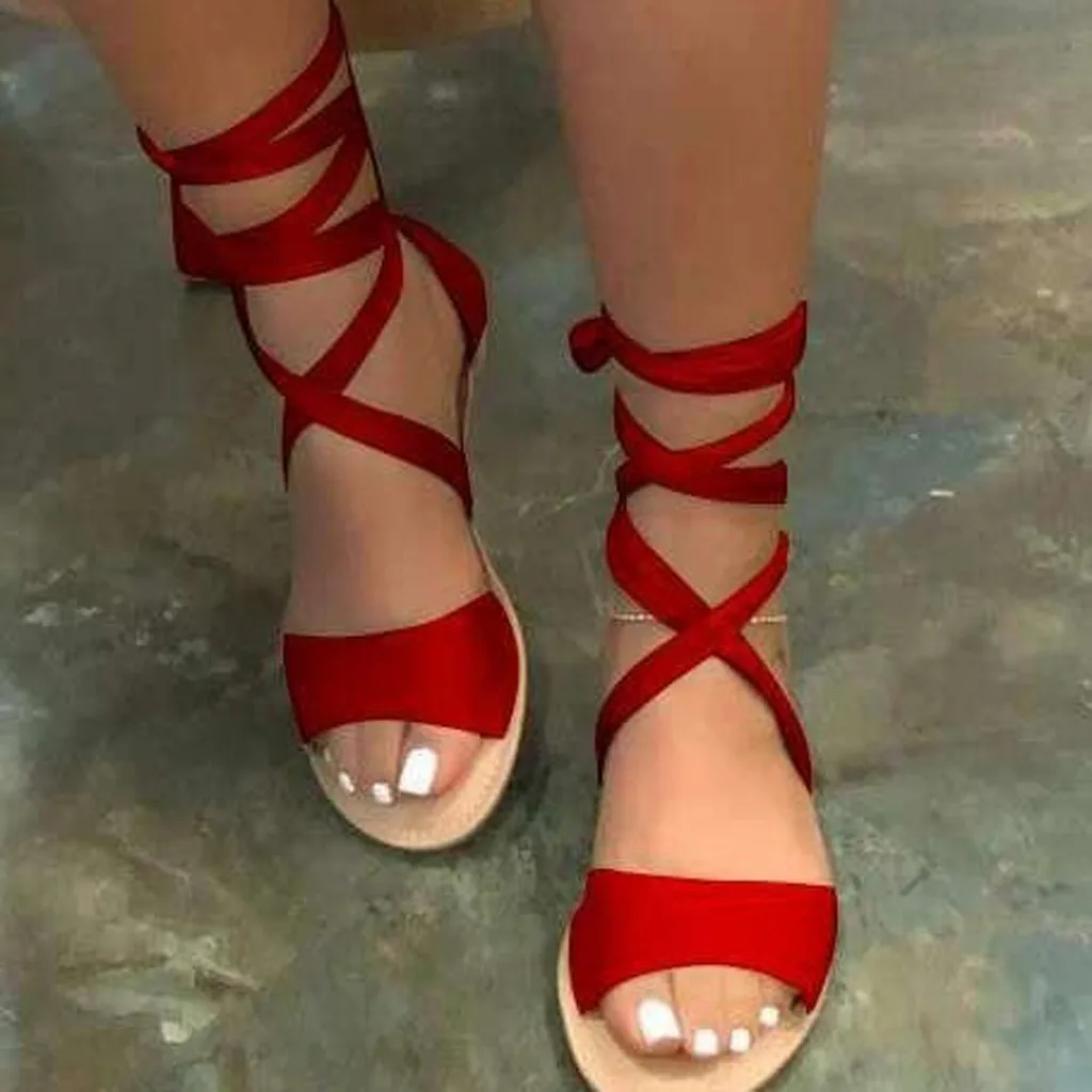 TELOTUNY Sandals Summer Women Ankle strap Roman Shoes Ladies Plus Size Leisure Solid Color Flat Open Toe Non-Slip Beach Sandals