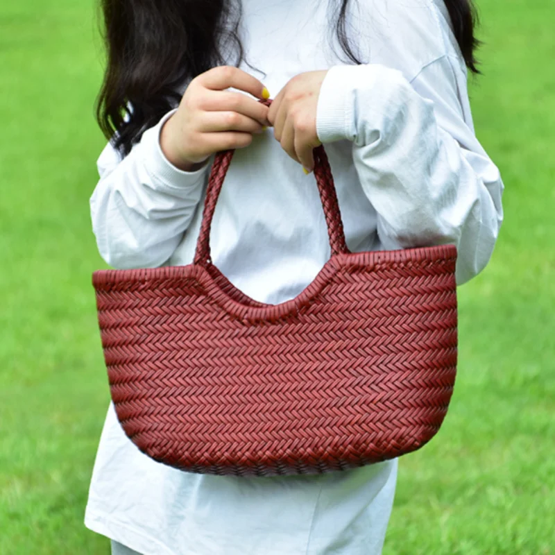 Genuine Leather Hand-woven casual vegetable basket bag with  Woven Inside Bag Vintage Shopping Bag Tote Bag Crossed Tote Bags