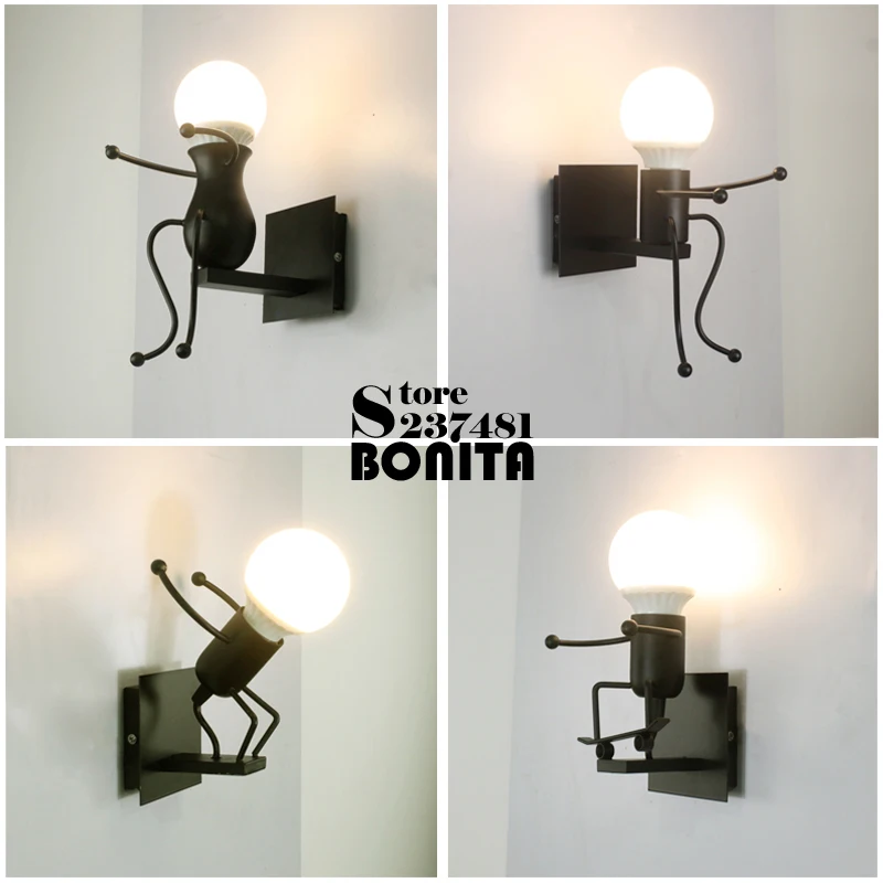 Iron little man small wall lights for home Cute Matchstick Men children's room wall lamps Robot diving skateboard styling sconce