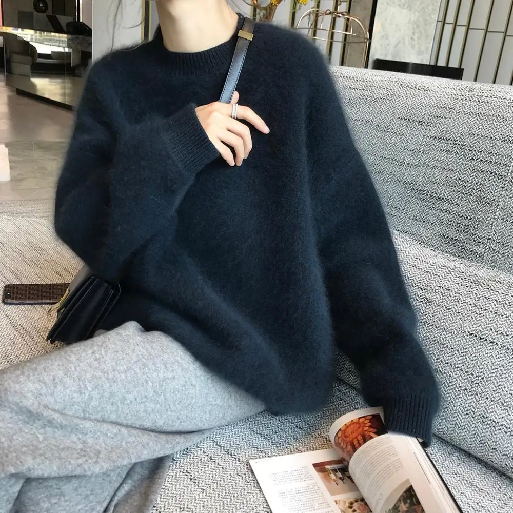 

JSXDHK 2022 Autumn Winter Solid Color Pullovers New Women Long Sleeve Knitted Thick Soft Sweater Lazy Mink Cashmere Jumper Tops