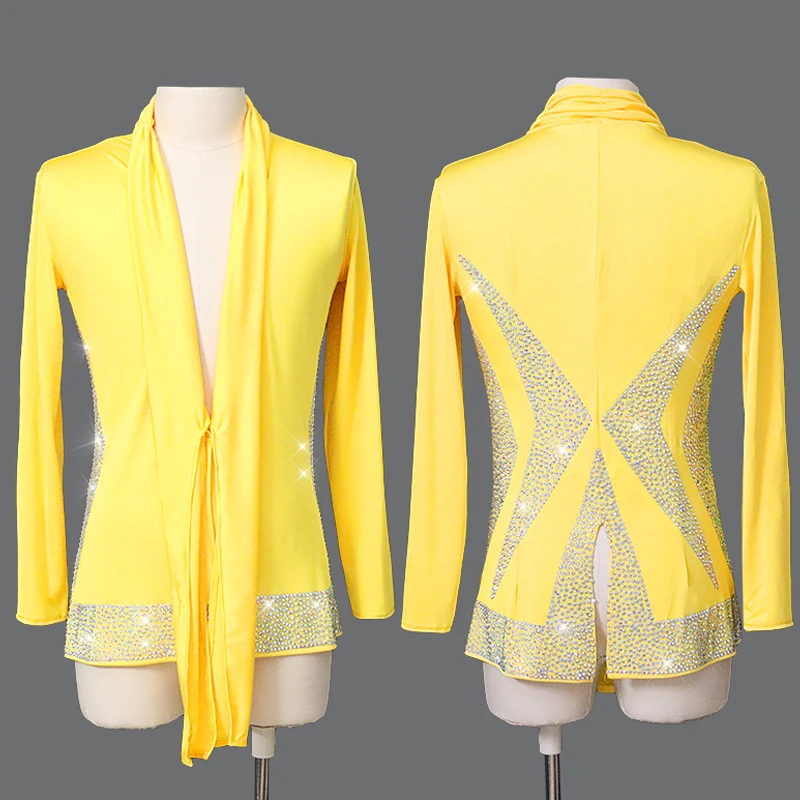 

Latin Dance Top Male Dance Costume Yellow Top Adult Dance Long Sleeve Rhinestone New Ballroom Competitive Shirt Men Latin Top