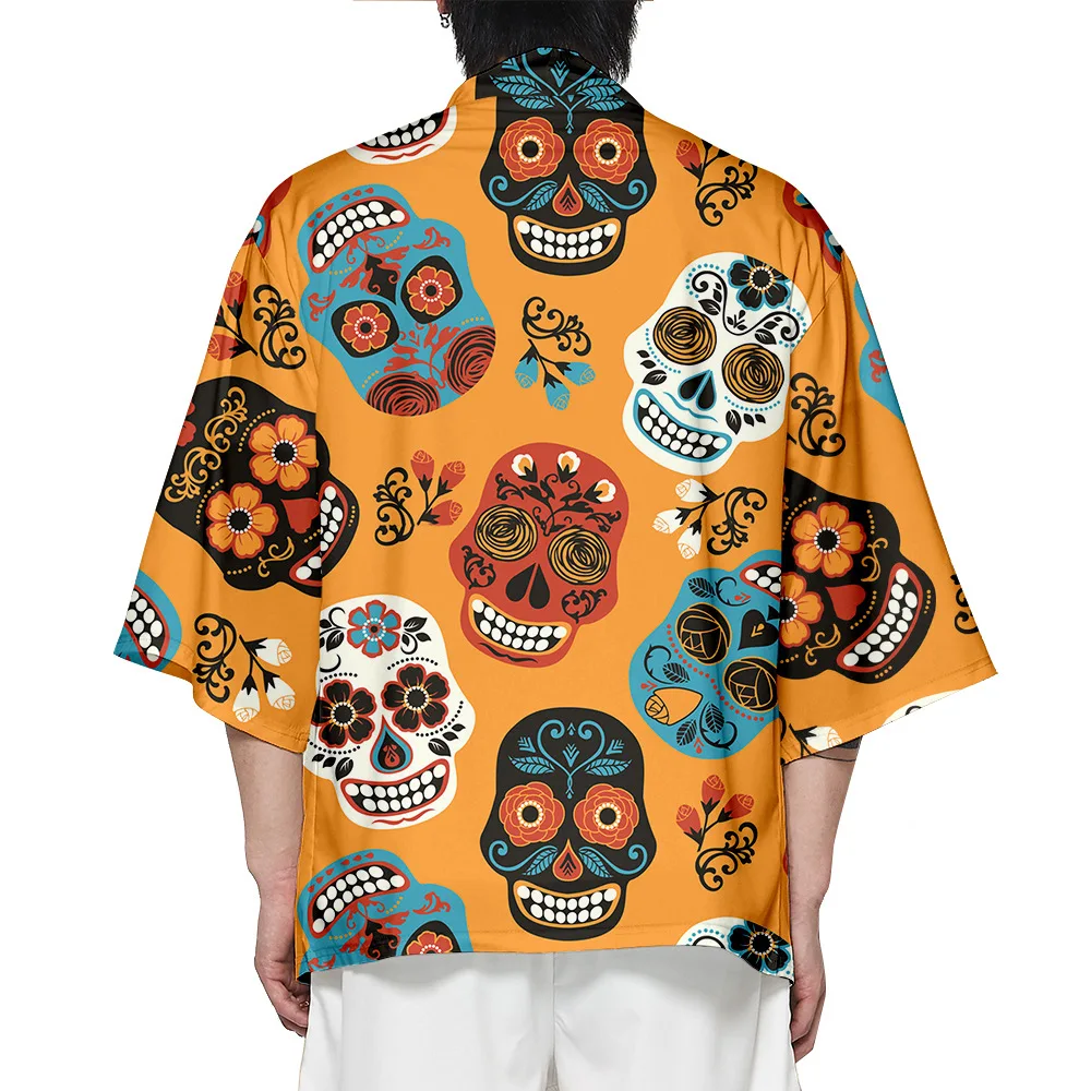 

Day of The Dead Sugar Skull Japanese Kimono Haori Yukata Cosplay Women/Men Fashion Summer Casual Short Sleeve Streetwear Shirt