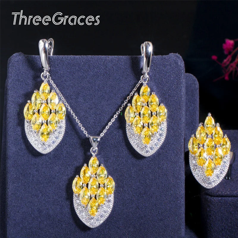 

ThreeGraces Natural Light Yellow Cubic Zirconia Silver Color Unique Necklace and Earrings Ring Set Ladies Party Jewelry JS516