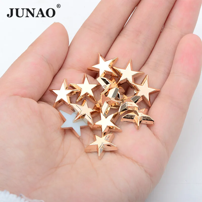 JUNAO 15mm Rose Gold Color Star Decoration Rhinestone Glue On Fancy Crystal Diamonds Flatback Stone Applique for DIY Bag Clothes