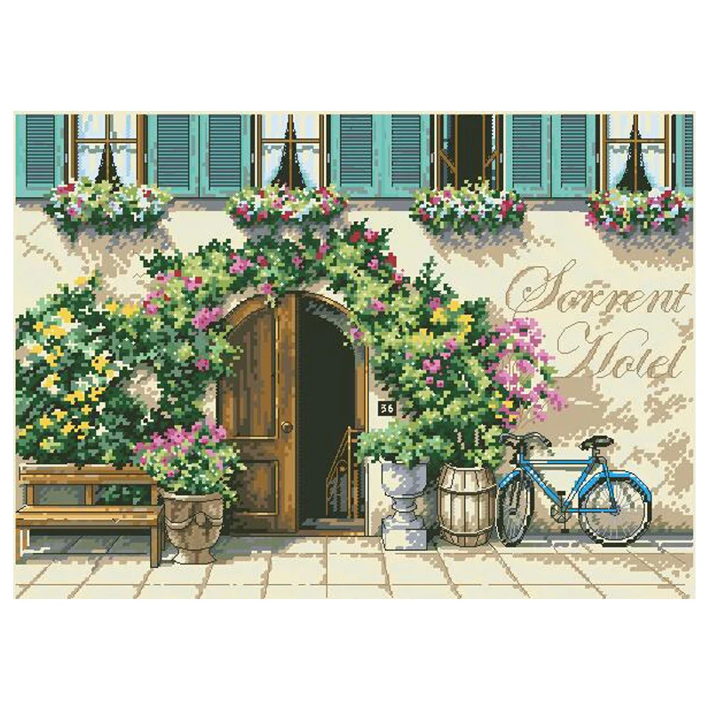 Amishop Counted Cross Stitch Kit, Sorrento Hotel Bicycle, In Front of the Door, Top Quality, Beautiful Lovely Set, Dim 35270