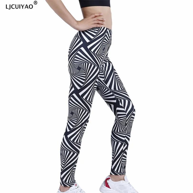 

LJCUIYAO Leggings Women's Leggins Casual Sportwear Black White Stripes Printed Geometric Ankle-Length Fitness Fashion Bottom