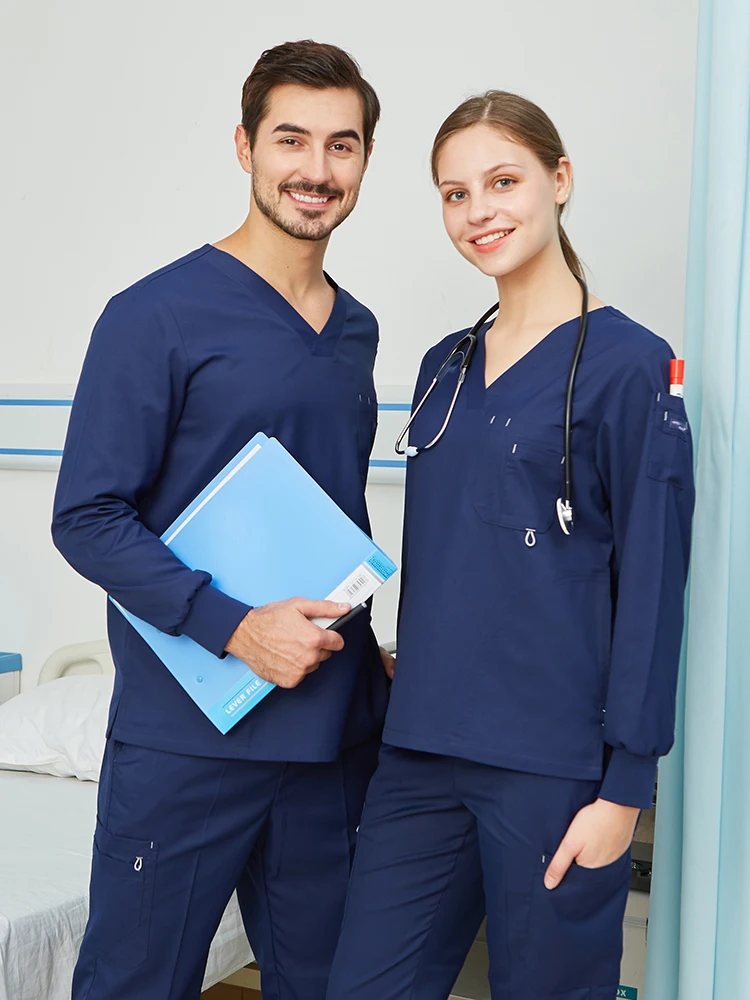 Scrub Set Uniform Nurse Workwear Nursing Top and Pant Women Men Solid Color Chlorine Bleach Resistance Heathered  Working Suit