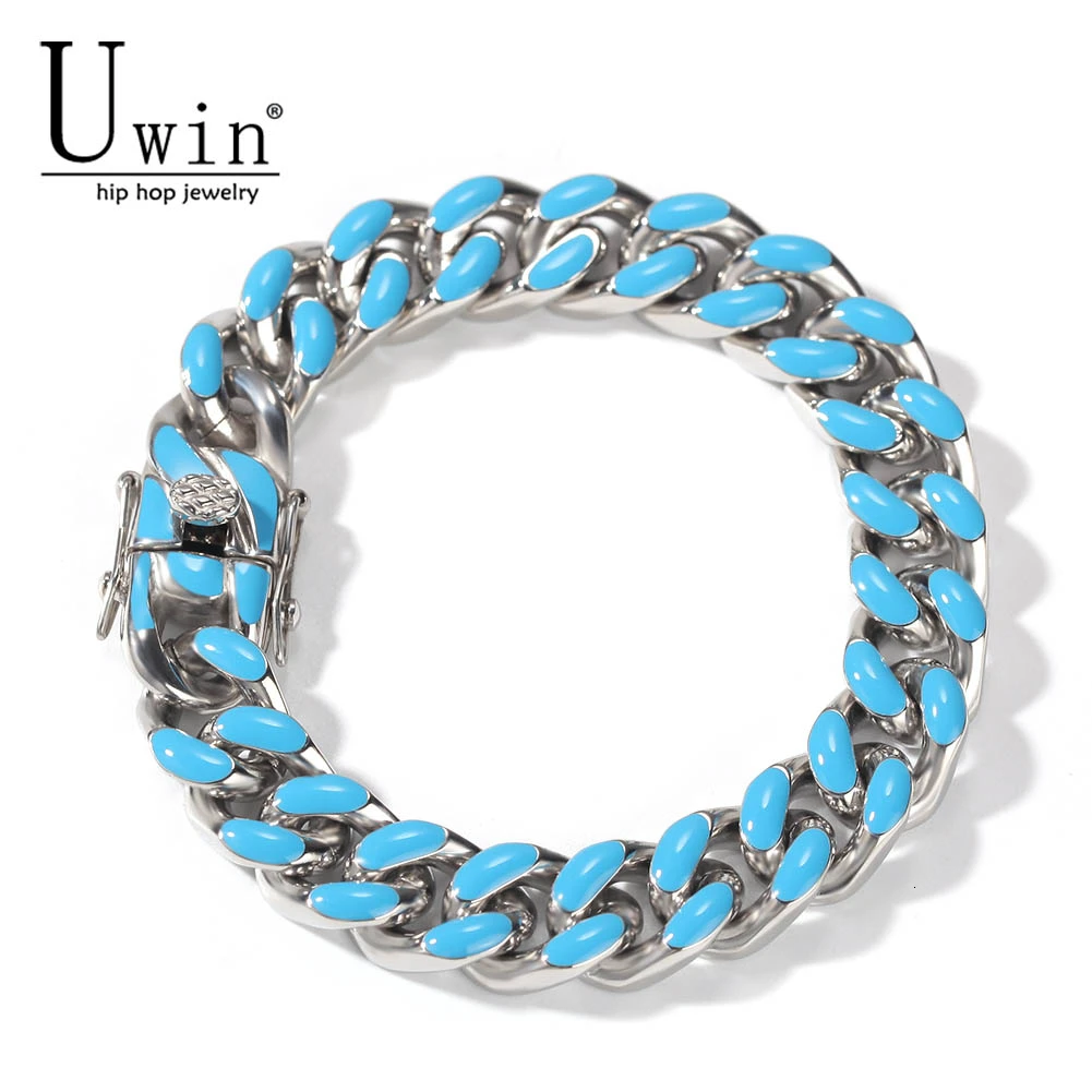 

Uwin11mm Miami Cuba Chain Bracelet Stainless Steel 316L Colorful Hip Hop Gold Men's Fashion Party Jewelry 7inch 8inch