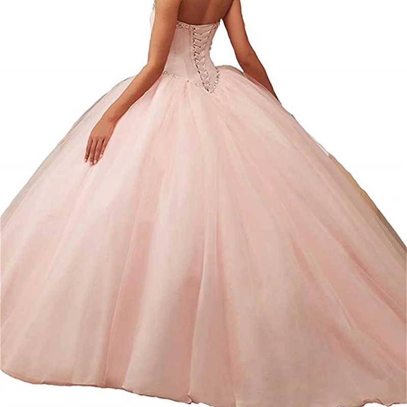 Vestido de baile de tul de princesa rosa, Vestido de Quinceañera de satén con lentejuelas de cristal para baile de graduación, vestidos de novia de fiesta