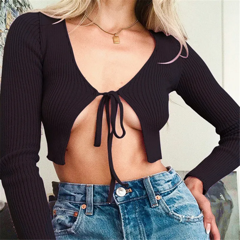 Women Sexy Cardigan Chest Bow Casual Solid Color V-Neck Drawstring Long Sleeve T-shirt Tops Exposed Navel Slim Fit S M L