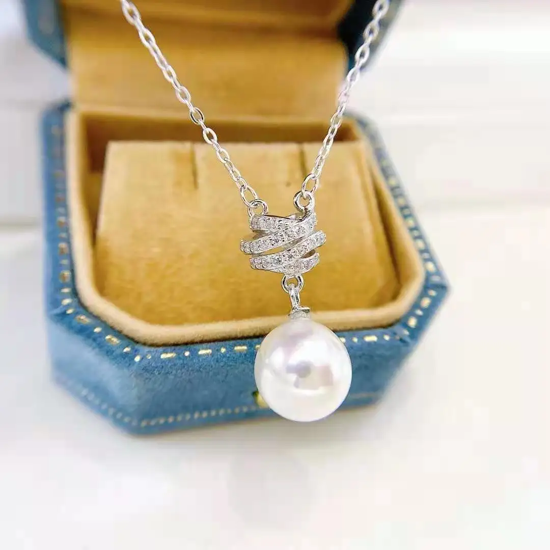 

M418 Solid 925 Sterling Silver Round 10-11mm Nature Fresh Water White Pearls Drop Pendants Necklaces for Women