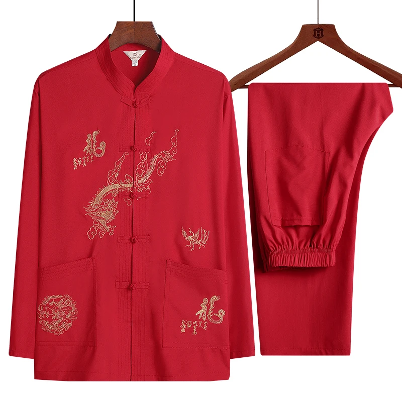 Männer lange ärmeln Tang anzug Chinesischen stil Hanfu vater kleidung drachen muster mit taschen kung fu uniform vestido chino