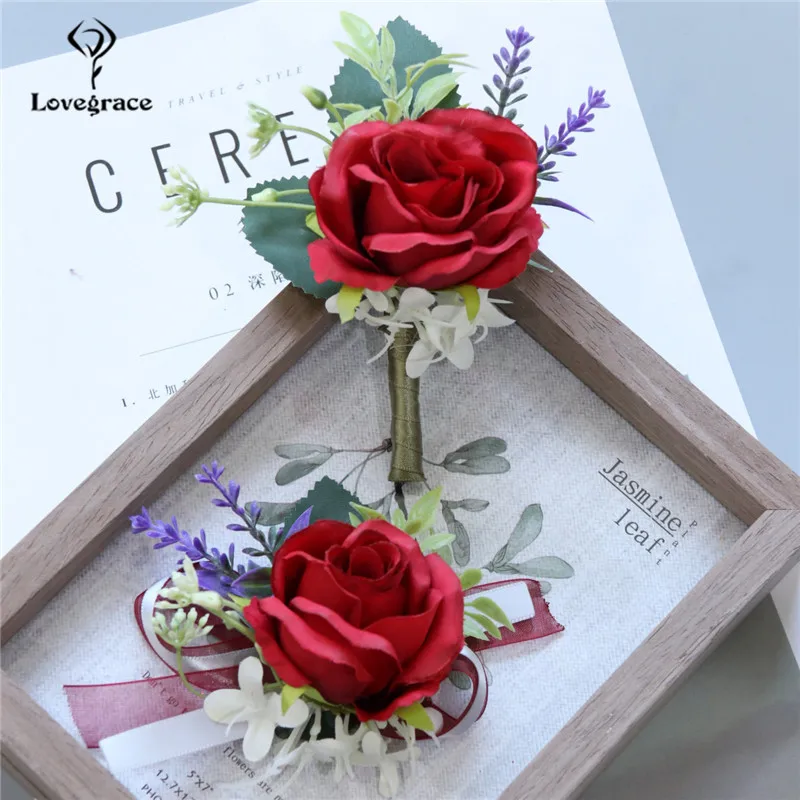 Bracelet de Corsage pour mariée, rose rouge, fleurs en soie, boutonnières de marié, costume pour femmes, broches, fleurs de mariage, décor de fête