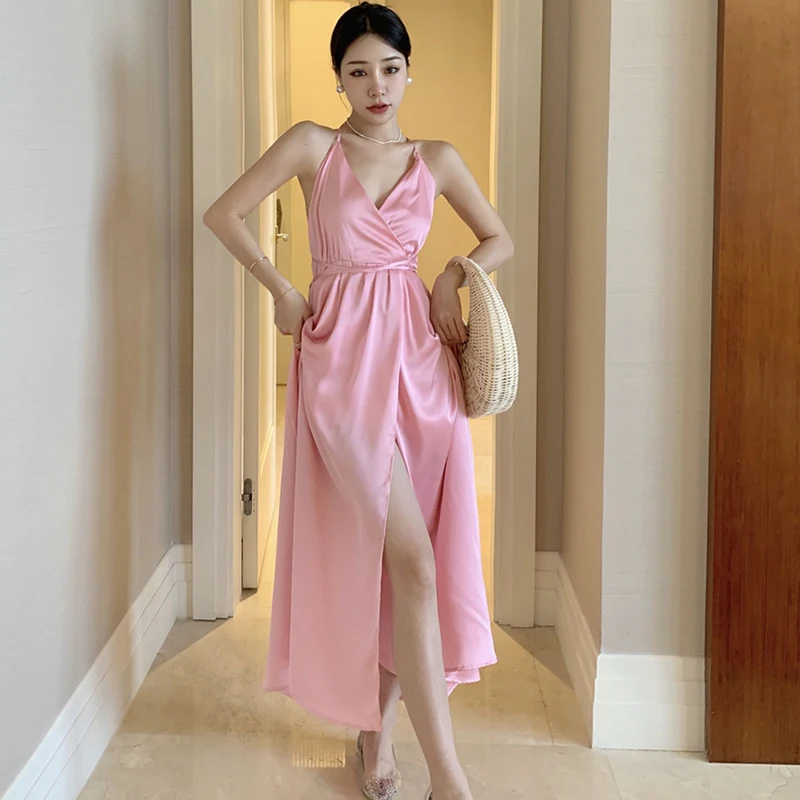 

Fashion French Style Women Retro Sexy Strap Backless Bandage Maxi Party Evening Dress Elegant Satin Beach Vacation Female Dress