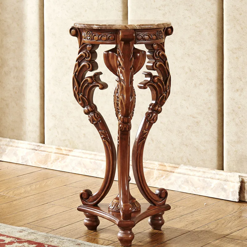 European-style Solid Wood Flower Stand Side View Platform Antique Dark Carved Flower Bonsai Stand Balcony Flower Pot Floor Rack