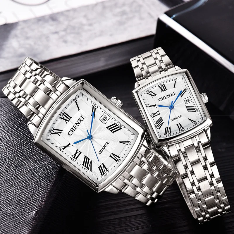 Silver Square Couple Watches Women Men Romantic Elegant Casual Lover\'s Watch Roman Numeral Stainless Steel Waterproof Gift Clock