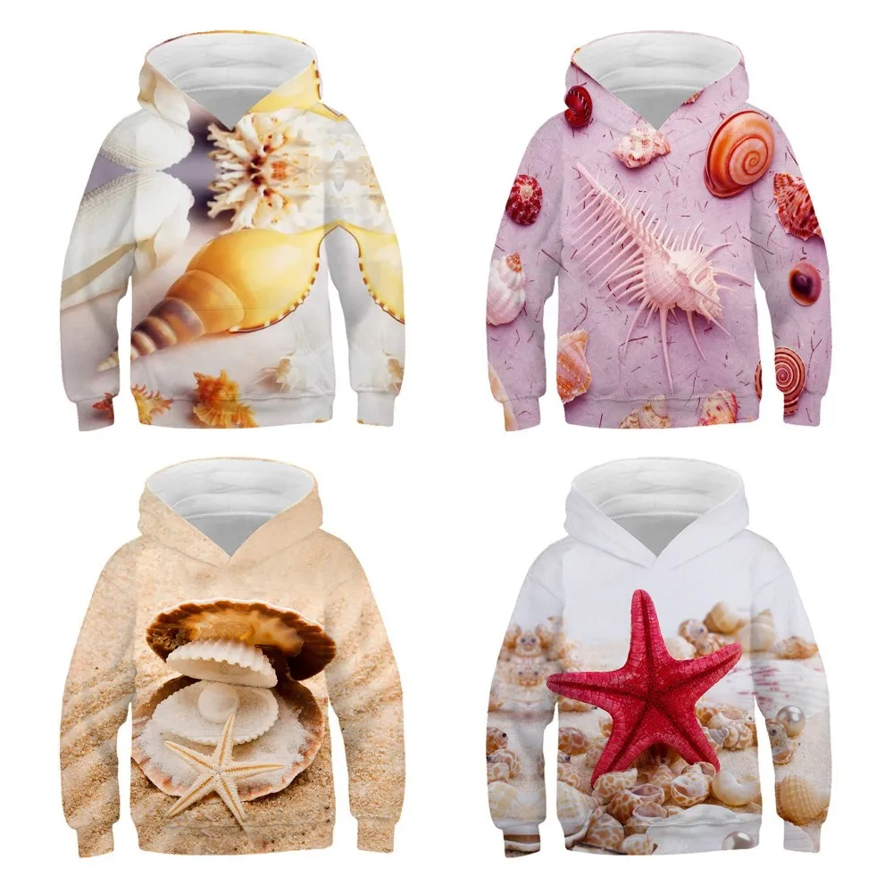 Kids 3D Hoodies Beach Pearl Shell Sea Star Print Hooded Sweatshirt For Boy Girl Clothes Children Casual Birthday Party Pullover