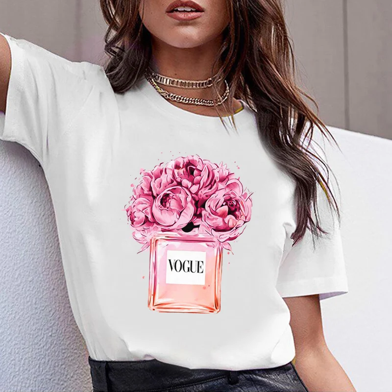 Women Clothes luxury brand women's perfumePrint Sweet Short Sleeve T-shirt Printed Women Shirt T Female T-shirt Top Woman Tee