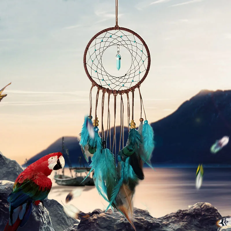 

Indian Hand-woven Turquoise Feather Dream Catcher Wall Pendant Wind Chimes Gift Wedding Home Decoration