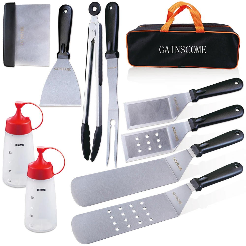 

GAINSCOME Barbecue Tool Set 10 PCS Flat Griddle Accessories Professional Grill Spatula Set With Scraper, Long/Short Spatulas BBQ