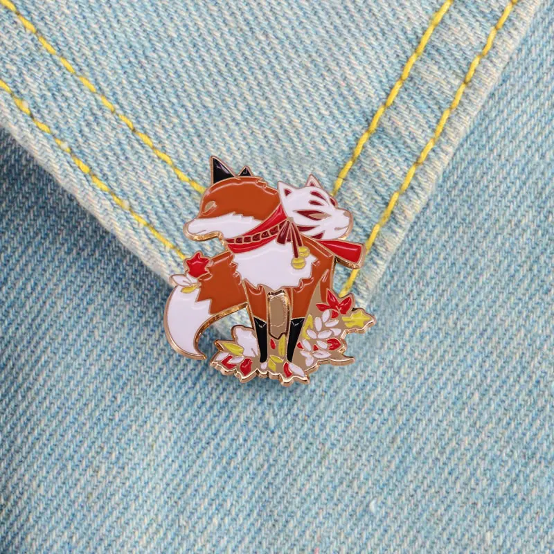 Red Fox Brooch enamel pin Shrine Fox Fairy Myth Anime Accessories Bag Accessories