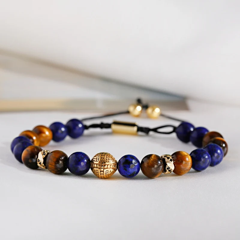 New Round Stainless Steel Beads Weaving Bracelet Homme Men Tiger Eye Beads Bracelet Adjustable Dropshipping