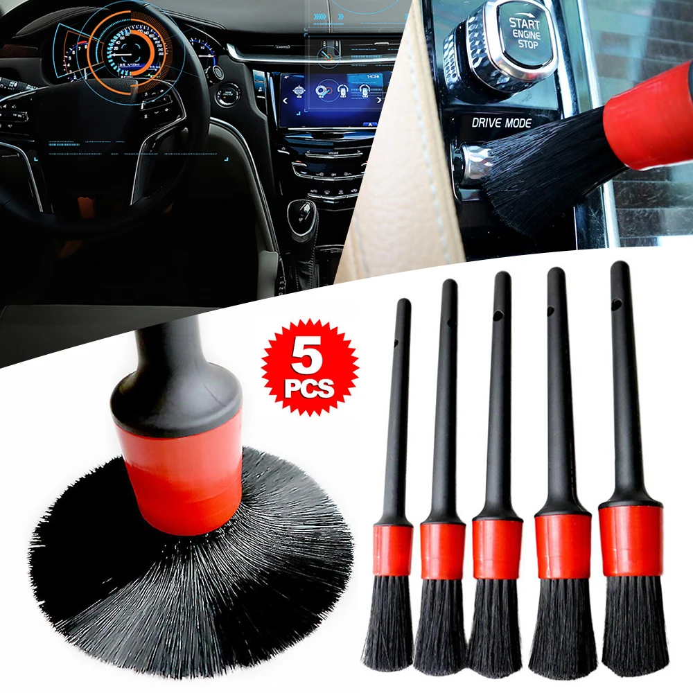 5 Piece Set Car Beauty Plastic Round Brush Crevice Detail Car Wash Clean Small Brush Dashboard Air Outlet Wheel Brush