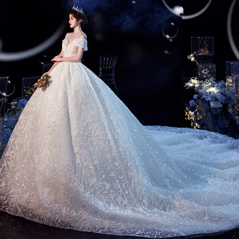 Robe de Mariée Classique en Dentelle avec Col Bateau et Traîne à Balayage, Tenue de Bal à Lacets, Nouveauté 2021