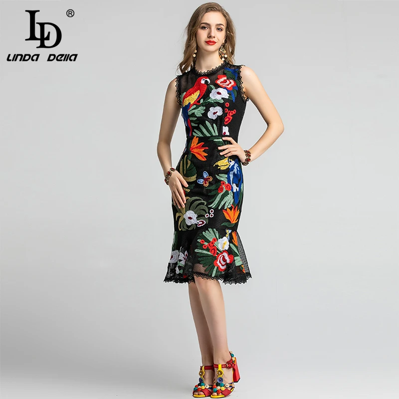 Imagem -05 - Linda Della-vestido sem Mangas para Mulheres Vestido Vintage com Renda Bordados de Flores Estilo Sereia Babados Bodycon Moda Verão ld