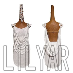 Lilyar Latin Dance  Competition  Performance Dress Adult White Tassel Backless Design