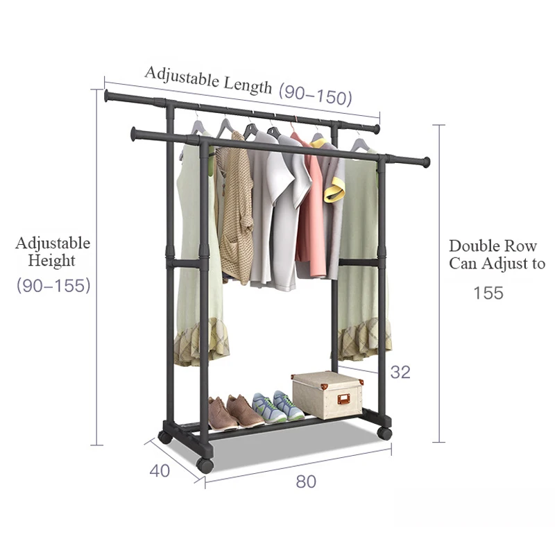 Simple Fashion Coat Racks Reinforced Clothes Hanger Stand Double Rod Telescopic Lifting Mobile Clothes Rail Home Furniture 2021