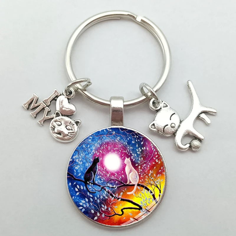 Cute Anime Cat Under Night Sky Keychain with Cat Pendent Fashion Animal Women Purse Bag Car Pendant Key Chain Ring Holder image 6