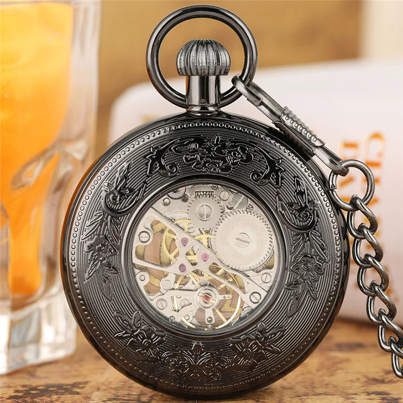 Classic Carving Roman Numerals Design Mechanical Hand-Winding Pocket Watch for Men Women Pendant Chain Clock Gift