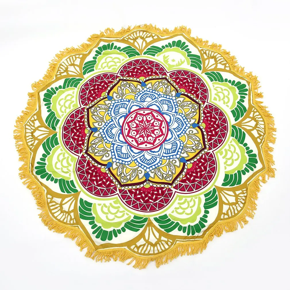 Round Beach Towel Picnic Mat Tassel  Flowers Pattern Circular Yoga