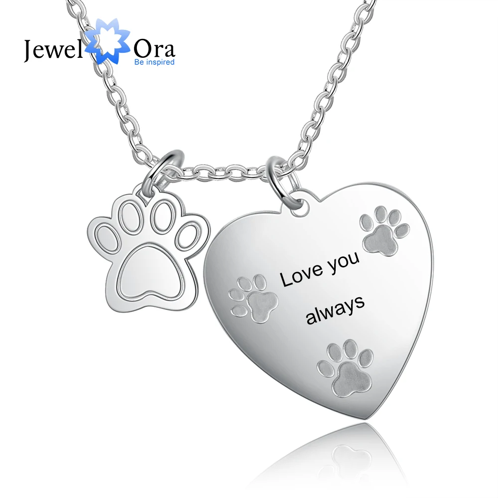 

JewelOra Personalized Pet Paw Engraving Necklace Stainless Steel Custom Name Heart Pendant Jewelry Anniversary Gifts