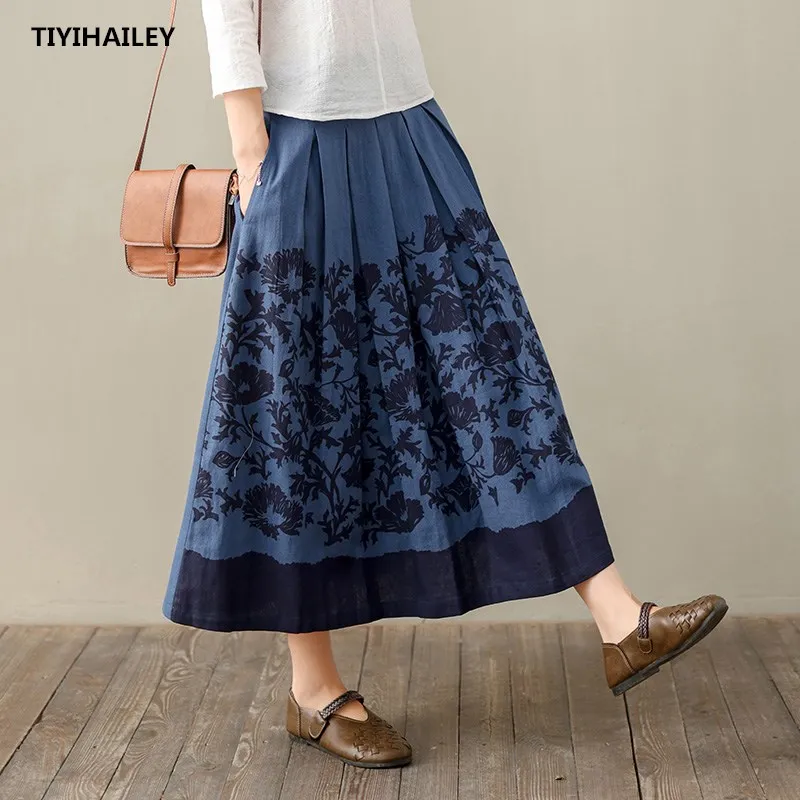 

TIYIHAILEY Free Shipping 2020 New Vintage Long Maxi A-line Skirts Women Elastic Waist Spring Summer Linen Blue Print Skirts