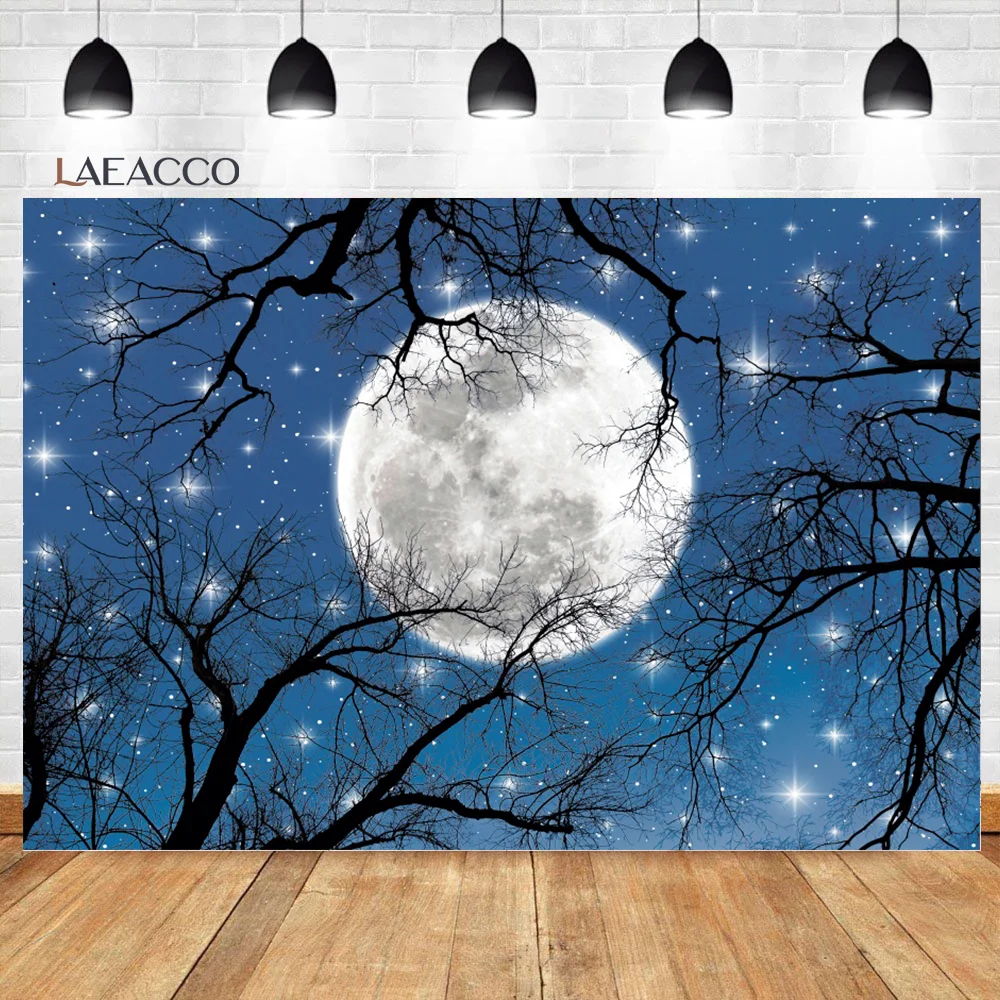 

Laeacco Outdoor Night Jungle Sky Full Moon Sparkling Shining Stars Background Poster Portrait Customized Photography Backdrops