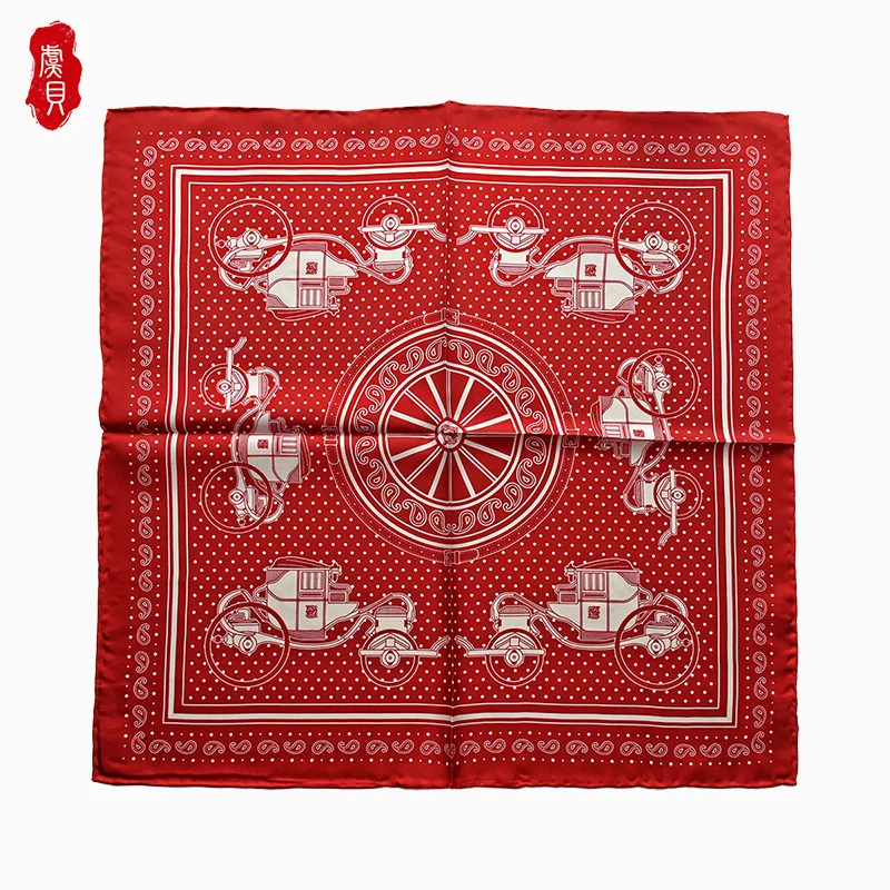 Bufanda de seda roja natural para mujer, bandana con estampado de anacardo y puntos, 100% seda pura, 50cm, pañuelos cuadrados pequeños para