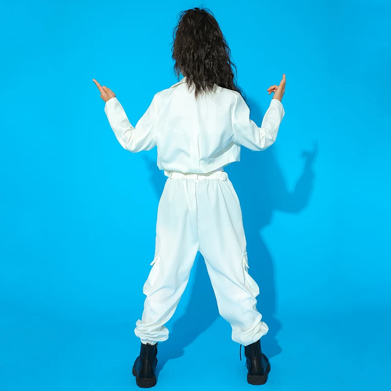 Vêtements de danse Jazz pour filles, Costume Hip Hop blanc, manteau et pantalon pour enfants, tenue de spectacle de Concert de danse de rue, BL7777