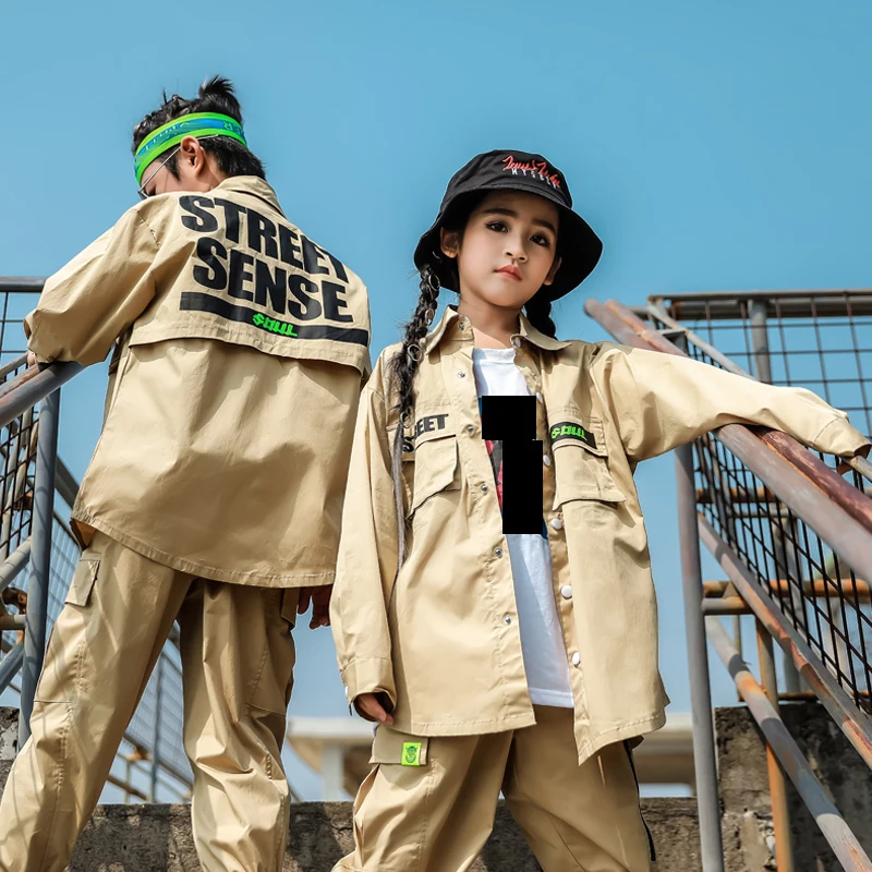 Children Hip Hop Costume Boys Khaki Suit Loose Long SLeeves Street Dancing Shirt Pants Girls Jazz Performance Clothes VDB2715