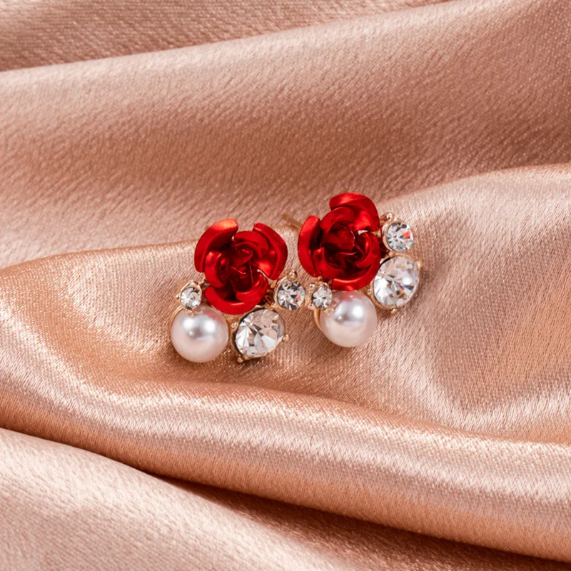 Fashion Red Rose Rhinestone Stud Earrings For Women Butterfly Angel Wings Pearl Flowers Earring Bride Wedding Engagement Jewelry