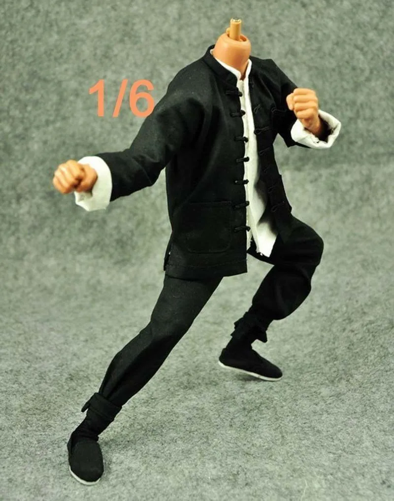 1/6 Male Soldier Kung Fu Clothes Chinese Black Long-sleeve Suit Fit 12'' Action Figure Body Dolls